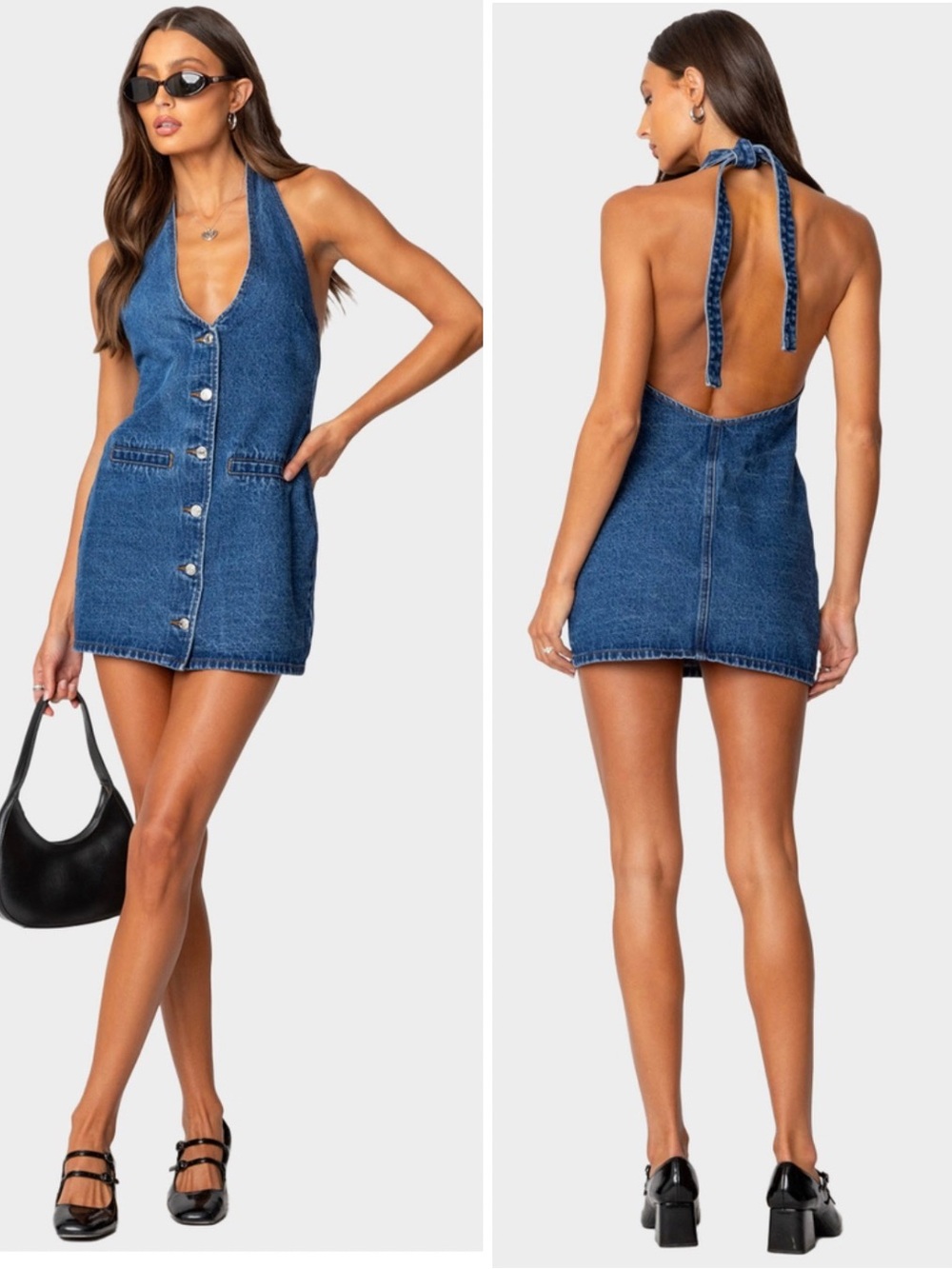NWT Edikted Destinee Denim Halter Mini Dress Medium Front Button Open Back - Picture 3 of 14